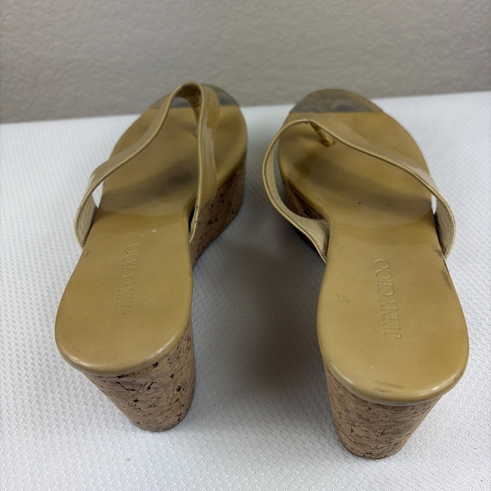 Jimmy Choo Pathos patent leather thong slip-on cork wedge sandals woman 37.5 - Picture 3 of 9